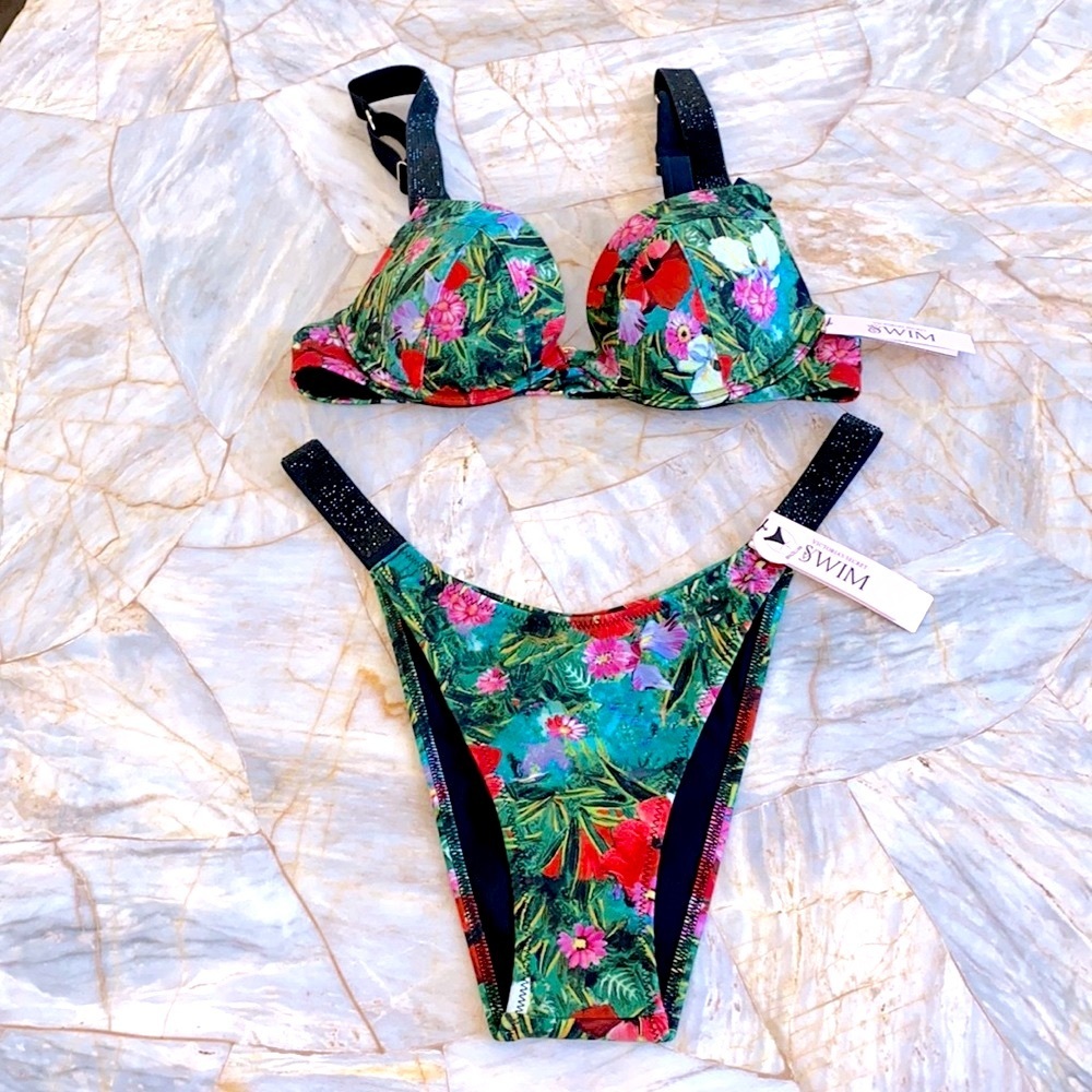 2 Pc Set 32A +Small Victoria's Secret Swim Shine Strap Sexy Tee Bikini + Bottoms